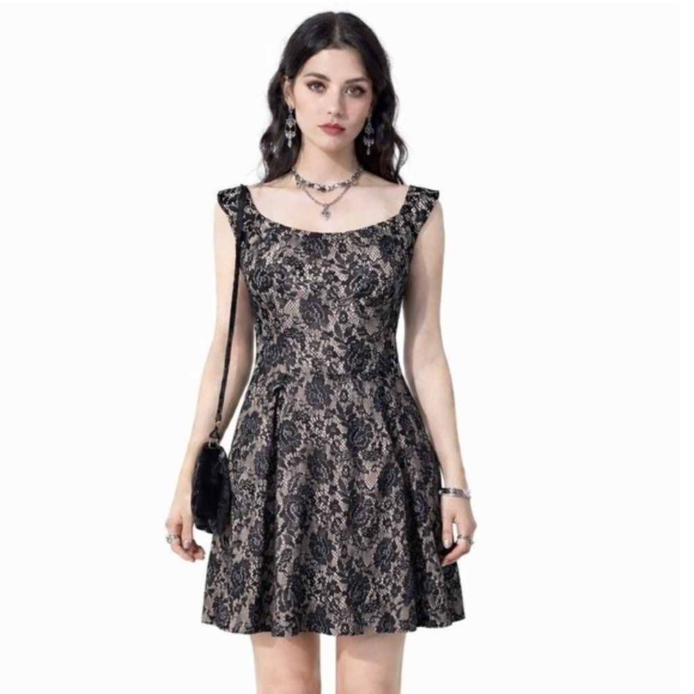Coco Avante Y2K Black Lace Mini Dress Size Medium Whimsigoth Fairy Goth USA Made